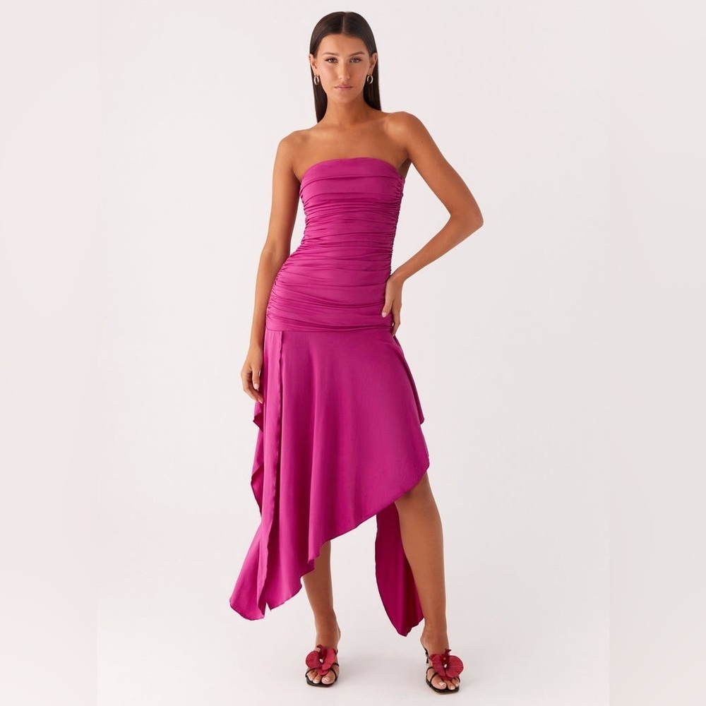 Peppermayo Ora Strapless Maxi Dress Fuchsia Hot Ruched Dress Asymmetrical